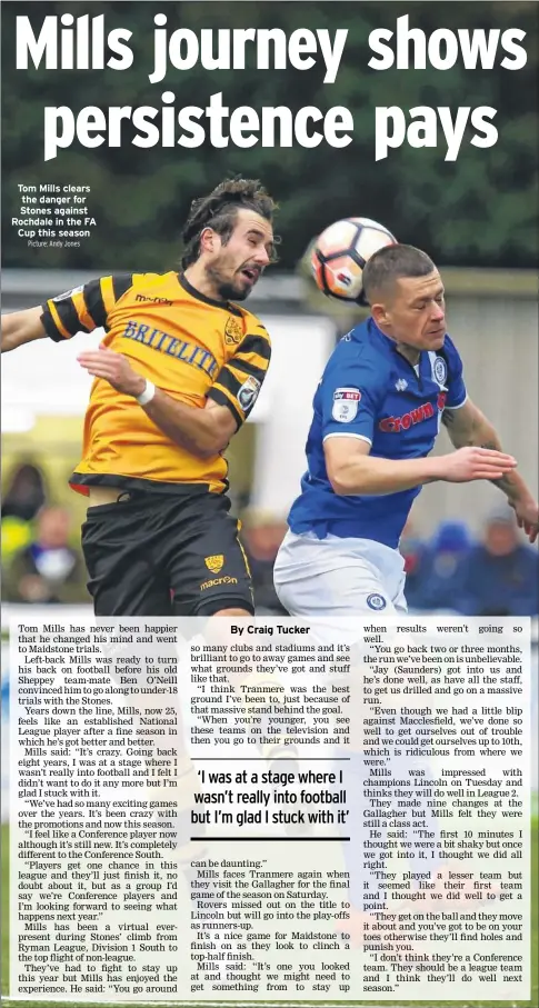  ?? Picture: Andy Jones ?? Tom Mills clears the danger for Stones against Rochdale in the FA Cup this season