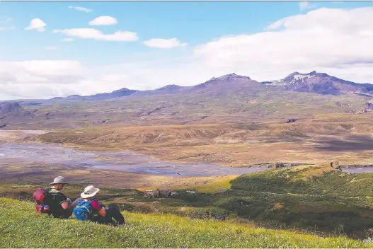  ?? PHOTOS: GLENN ERIKSEN ?? Hikers atop Valahnúkur mountain in the Þórsmörk (Thor’s Woods) region of Iceland are rewarded with stunning 360-degree views.