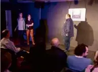  ?? NATHAN KLIMA FOR THE BOSTON GLOBE ?? From left: Kristen Aldrich, Emily Drevets, and Eric Frieden at a Riot Improv “Stories to Scenes” show at Rozzie Square Theater.