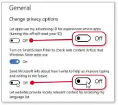  ??  ?? Switch off Windows 10’s advertisin­g settings and Microsoft’s typing-data gathering