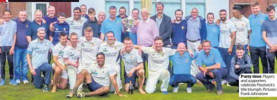  ??  ?? Party time Players and supporters celebrate Prestwick’s title triumph. Pictures: Frank Johnstone