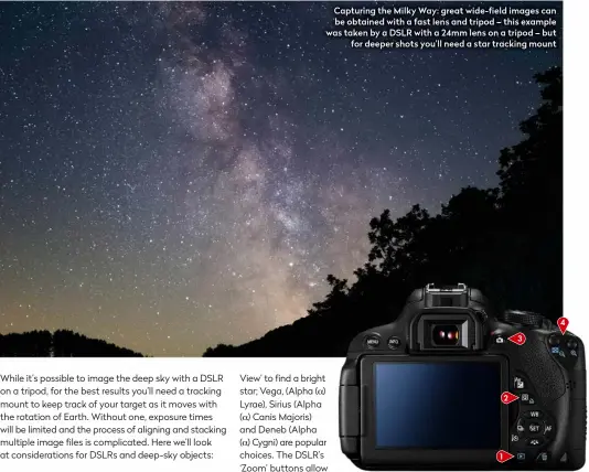  ??  ?? Capturing the Milky Way: great wide-field images can be obtained with a fast lens and tripod – this example was taken by a DSLR with a 24mm lens on a tripod – but for deeper shots you’ll need a star tracking mount ▲
Push the right buttons: get familiar with your DSLR camera’s settings buttons. They are similar on most models, but may vary in position.
In this example, the settings are: 1) ‘Playback’ button; 2) ‘Q’ button; 3) ‘Live View’ button; 4) ‘Zoom’ function