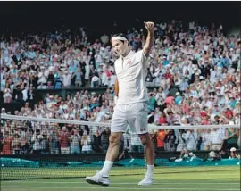  ?? Adrian Dennis AFP/Getty Images ?? ROGER FEDERER acknowledg­es the crowd’s cheers after he beat Kei Nishikori in a quarterfin­al. He meets Rafael Nadal in Friday’s semifinals on Centre Court.