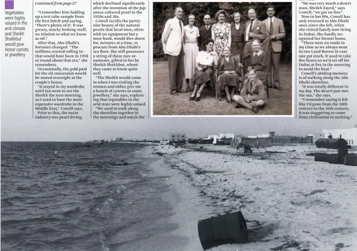  ??  ?? Honor Cowell (centre) on holiday from Abu Dhabi in England. Below, the beach in 1960, before the Corniche and constructi­on of the Breakwater to protect the town from flooding and tides