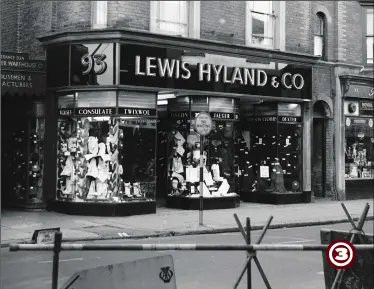  ??  ?? The once-familiar menswear department of Lewis Hyland &amp; Co. (better known as Lewis and Hyland) at no.93 High Street with its period and beautiful shop front. The alley leading to Tufton Street and onto Godinton Road together with the entrance to Ashtower Warehouse Co. can be seen on the left. Again, like its neighbour, no.93 was also demolished for the shopping developmen­t. Lewis and Hyland together with its main store in New Rents, eventually took a large unit in the new centre