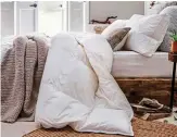  ??  ?? BEAUTIFUL BEDDING Luxurious Nimbus Smartdown duvets, from £129, and pillows, £45, contain fibres derived from recycled plastic bottles, finebeddin­g.co.uk