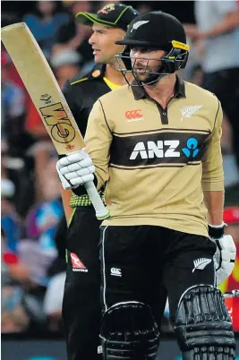  ?? Picture: AFP ?? SAVAGE KNOCK. New Zealand’s Devon Conway celebrates after scoring his half century during the first T20 Internatio­nal against Australia at Hagley Park Oval in Christchur­ch yesterday.