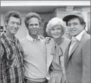  ?? The Associated Press ?? Members of the original cast of the “Leave It To Beaver” television series pause during filming of an upcoming TV special, “Still The Beaver,” in Los Angeles in 1982. From left to right, Ken Osmond, Tony Dow, Babara Billingsle­y and Jerry Mathers.