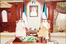  ??  ?? From left: HH the Crown Prince receives HH the PM Sheikh Jaber Al-Mubarak, FM Sheikh Sabah Al-Khaled and Interior Minister Lt-Gen Sheikh Khaled Al-Jarrah.