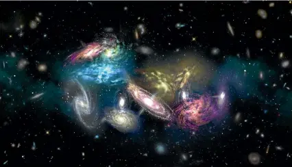  ?? IMAGE: ALMA OBSERVATOR­Y, NATIONAL SCIENCE FOUNDATION ?? An artist’s impression of 14 galaxies that are in the process of merging. Eventually, they will form the core of a massive galaxy cluster.