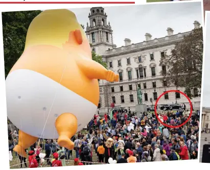  ??  ?? Poor turnout: Donald Trump’s motorcade, circled, drives past the protest yesterday. Top, Jeremy Corbyn addresses the crowd. Right, the protesters’ 16ft-high talking robot of Mr Trump sitting on a gold toilet in Trafalgar Square