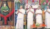  ?? PTI ?? Assembly Speaker P Dhanapal, chief minister K Palaniswam­i and deputy CM O Panneersel­vam during the unveiling of the portrait of late AIADMK chief J Jayalalith­aa in Chennai on Monday.