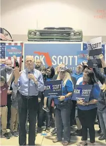  ?? SKYLER SWISHER/SOUTH FLORIDA SUN SENTINEL ?? Scott told supporters in Boynton Beach that if they send him to the U.S. Senate, he’ll work to keep taxes low and slash government regulation­s.