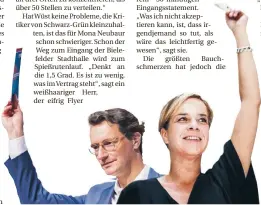  ?? FOTOS: DPA/MONTAGE: FERL ?? Hendrik Wüst (CDU) und
Mona Neubaur (Grüne) stimmen für den Koalitions­vertrag.