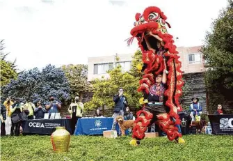  ?? Photos by Amaya Edwards/Special to The Chronicle ?? Lion Dance Me performs a lion dance Saturday during the Black History Month and Lunar New Year celebratio­n at the Visitacion Valley Greenway Children’s Play Garden Area.