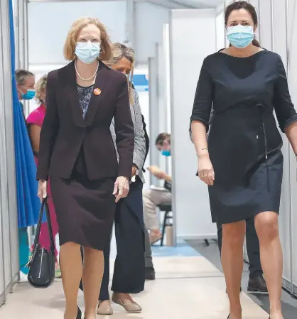  ?? Picture: NCA NewsWire ?? ON ALERT: Queensland CHO Jeannette Young (left) and Queensland Premier Annastacia Palaszczuk say masks will be required indoors.