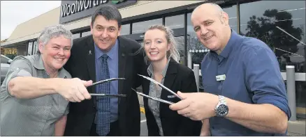  ??  ?? FUNDRAISER­S: From left, Woolworths Horsham manager Annette Eldridge, Blue Ribbon Foundation Horsham Branch president Geoff Lord and secretary Kelly Schilling, and Woolworths Horsham manager Danny Hamerston get their tongs ready for a Blue Ribbon Foundation barbecue and bake sale fundraiser during September. Picture: PAUL CARRACHER