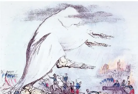  ?? FOTO: DPA ?? Der Künstler Robert Seymour malte die Cholera im Jahre 1831 als großes verhülltes Gespenst mit Skeletthän­den und Füßen, das wahllos Soldaten auf beiden Seiten des Schlachtfe­ldes erdrückt. Ein Jahr später erreichte die Cholera Paris.