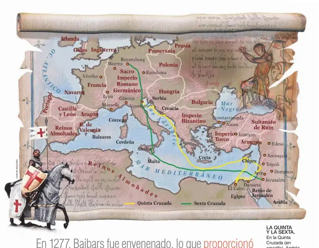  ??  ?? LA QUINTA Y LA SEXTA. En la Quinta Cruzada (en amarillo), Andrés II de Hungría llegó hasta Acre y, posteriorm­ente, Juan de Brienne lideró la campaña de Egipto. La Sexta Cruzada (en verde) llevó a Federico II hasta Jerusalén, si bien no llegó a batallar...