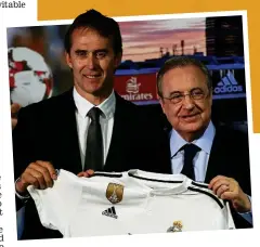  ??  ?? Real gone kid: Lopetegui (left) is shown off as Madrid manager by president Florentino Perez after his Spain sacking