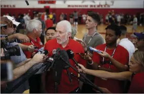  ?? JOHN LOCHER - THE ASSOCIATED PRESS ?? FILE - In this July 26, 2018, file photo, head coach head coach Gregg Popovich speaks with the media during a training camp for USA Basketball, in Las Vegas. USA Basketball opened training camp Monday, Aug. 5, 2019, for the FIBA World Cup, which starts Aug. 31in China.