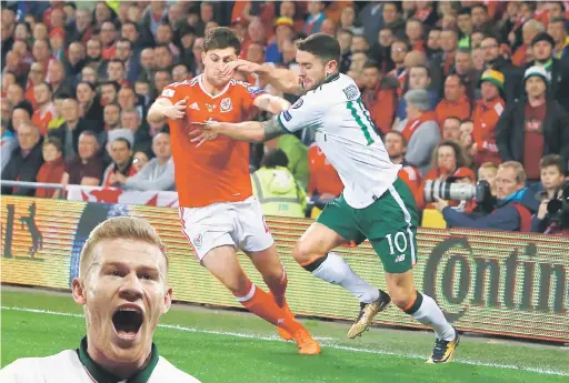  ?? — Gambar AFP ?? Pemain pertahanan Wales, Ben Davies (kiri) bersaing dengan pemain Republic Ireland, Robbie Brady pada aksi di Stadium Cardiff City, Wales pada Isnin lepas.