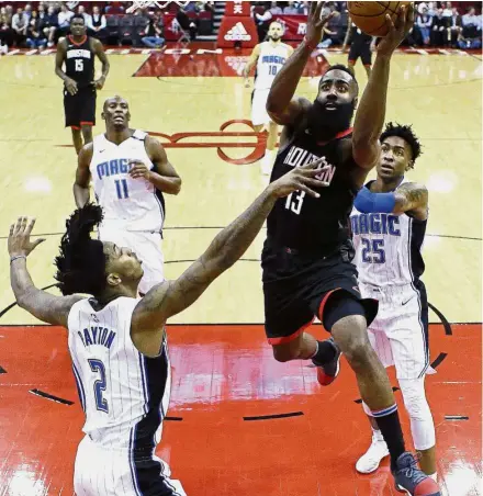  ??  ?? Moving in: Houston Rockets guard James Harden driving to the basket as Orlando Magic guard Elfrid Payton (left) defends during their NBA game on Tuesday. — AP