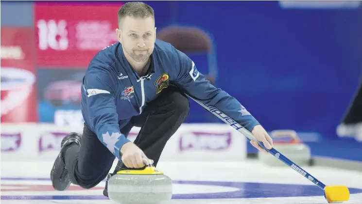  ?? PHOTOS: ADRIAN WYLD/THE CANADIAN PRESS ?? Skip Brad Gushue, of St. John’s, N.L., delivers a rock during the Roar of the Rings Canadian Olympic curling trials on Sunday in Ottawa. Gushue’s rink lost their opening match on Saturday, but on Sunday, they put together a 6-5 extra-end win over...