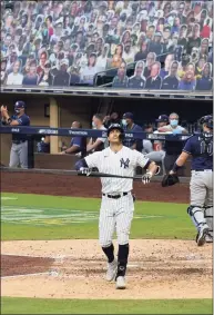  ?? Gregory Bull / Associated Press ?? The Yankees’ Giancarlo Stanton reacts after striking out against the Rays during the fifth inning of Game 4 of the ALDS on Oct. 8 in San Diego.