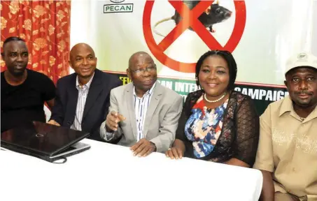  ??  ?? L-R: Publicity Secretary, Pest Control Associatio­n of Nigeria (PECAN), Mr. Tunde Shittu; General Secretary, Mr. Oluyemi Taiwo; President, Mr. Ayo Ogunyadeka; Treasurer, Mrs. Kofo Adegboye and Chairman, Technical Committee, Mr. Kayode Odubogun, during a...