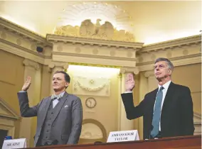  ?? ANDREW HARRER / BLOOMBERG ?? Deputy assistant U.S. secretary of state George Kent, left, and acting U.S. ambassador to Ukraine Bill Taylor are sworn in Wednesday at a House Intelligen­ce Committee impeachmen­t inquiry hearing in Washington, D.C.