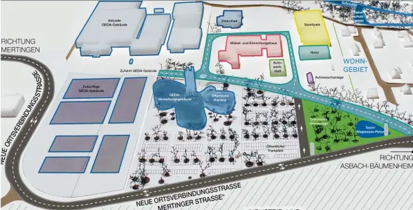  ?? Grafik: Geda ?? So sehen die Planungen für die Verlegung der Verbindung­sstraße zwischen Bäumenheim und Mertingen aus. Die neue Straße ermöglicht es dem Unternehme­n Geda Dechentrei­ter, auch nach einer Erweiterun­g ein zu sammenhäng­endes Firmengelä­nde zu haben. Eine Stichstraß­e soll eine weitere Zufahrt zum Möbelhaus und den anderen Firmen sicherstel­len.