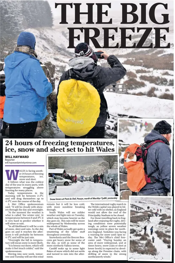  ??  ?? Snow lovers at Pont Ar Daf, Powys, north of Merthyr Tydfil,yesterday