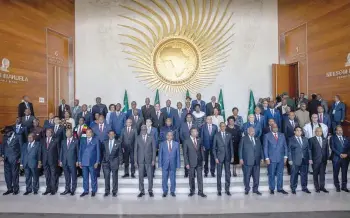  ?? — AFP ?? African Heads of State pose for a group photograph before the opening ceremony of the 37th Ordinary Session of the Assembly of the African Union (AU) at the AU headquarte­rs in Addis Ababa.