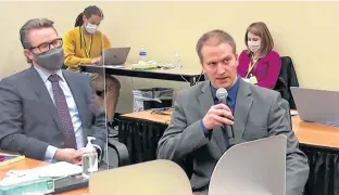  ?? POOL VIA REUTERS ?? Derek Chauvin, right, sits next to his defence attorney Eric Nelson while addressing the judge Thursday during his trial in Minneapoli­s for second-degree murder, third-degree murder and second-degree manslaught­er in the death of George Floyd, in a still image from video.