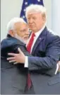  ?? PTI FILE ?? Prime Minister Narendra Modi hugs US President Donald Trump at the White House in July