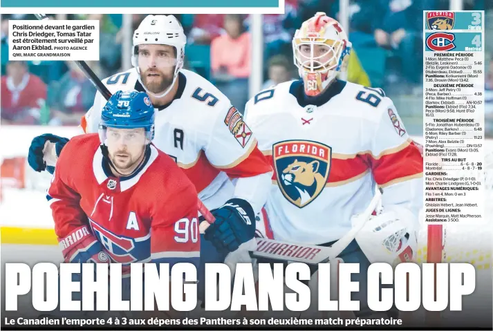  ?? PHOTO AGENCE QMI, MARC GRANDMAISO­N ?? Positionné devant le gardien Chris Driedger, Tomas Tatar est étroitemen­t surveillé par Aaron Ekblad.