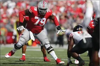  ?? JAY LAPRETE — THE ASSOCIATED PRESS ?? Ohio State offensive lineman Dawand Jones plays against Maryland during an NCAA college football game Saturday, Oct. 9, 2021, in Columbus, Ohio.