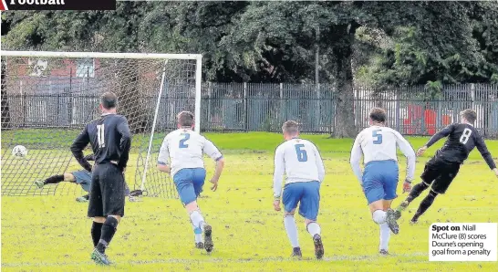  ??  ?? Spot on Niall McClure (8) scores Doune’s opening goal from a penalty