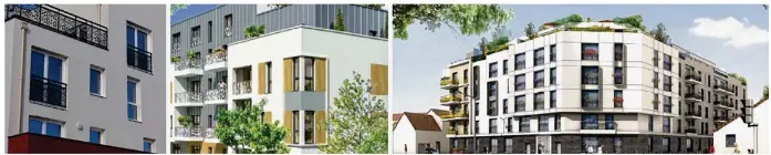  ??  ?? Les Terrasses à Courtry, une résidence seniors à Lagny, l’îlot Coulommièr­e à Meaux. La plupart des grands projets comptent du logement social et de l’accession à la propriété. (©Maastrandr­eas Architecte­s)