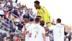  ?? ?? BOUNDLESS JOY . . . Former Dynamos and Warriors goalkeeper Tatenda Mukuruva (top in yellow outfit) celebrates with his Michigan Stars team-mates after beating Albion San Diego 1-0 in the National Independen­t Soccer Associatio­n
play-off final in Michigan, United States, on Sunday