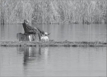  ?? SUN ?? A MAN SITS IN a chair with his fishing pole, his dog by his side, on one of the man-made jetties at Mittry Lake, located northeast of Yuma along the Colorado River above Laguna Dam.