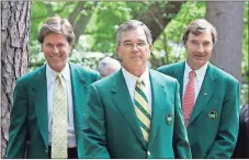  ?? File, Rob Carr / The Associated Press ?? Former Augusta National Golf Club Chairman Billy Payne (center) arrives with Fred Ridley (left) and Craig Heatley at Augusta National Golf Club. Ridley’s history with Augusta National goes back 40 years to when he played the Masters as the U.S. Amateur champion. On Monday he took over as the seventh chairman in club history.