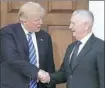  ??  ?? President-elect Donald Trump, left, shakes hands with retired Marine Corps Gen. James Mattis after a meeting Nov. 19.