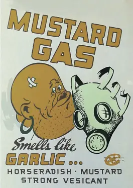  ??  ?? A World War IIera poster, with an apparent caricature of Mussolini, to help U.S. troops identify mustard gas, a weapon named for its unpleasant odor.