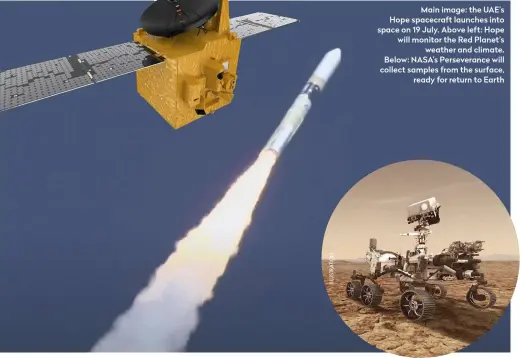  ??  ?? Main image: the UAE’s Hope spacecraft launches into space on 19 July. Above left: Hope will monitor the Red Planet’s weather and climate. Below: NASA’s Perseveran­ce will collect samples from the surface, ready for return to Earth