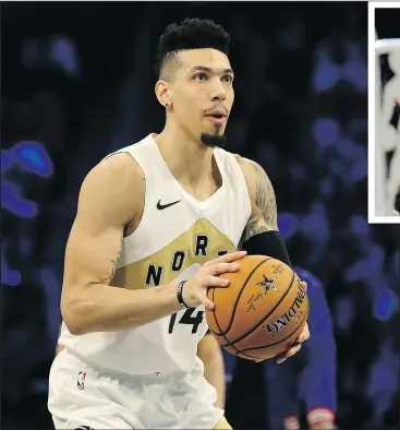  ?? — GETTY IMAGES ?? Raptors’ Danny Green puts up a shot during the three-point contest in Charlotte Saturday night. Green didn’t make it out of the first round.
