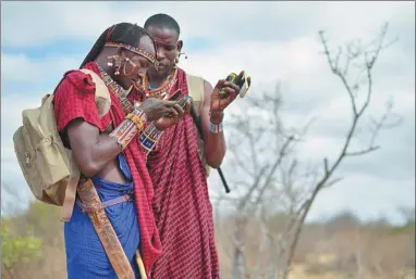  ?? TONY KARUMBA / AGENCE FRANCE PRESSE ?? Kenyan Maasai “Morans” (warriors) relay the GPS coordinate­s of the location of two-young lionesses they have been tracking on foot in the surroundin­g scrub, in early September.