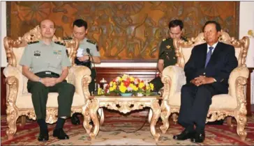  ?? SUPPLIED ?? Defence Minister Tea Banh (right) meets with Chinese Defence General Zhao Wenhua (left) yesterday in Phnom Penh.