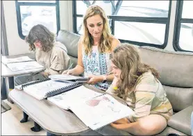  ?? ?? WHEELY SMART: Mother Jessica McCorkle (above) says daughters Addison (left) and Grace are getting a better education — and unique opportunit­ies — after abandoning public school for lessons in the family camper. Below: Addison and her pet hamster Buttons examine a map highlighti­ng all the states in the country that the family has visited thus far.